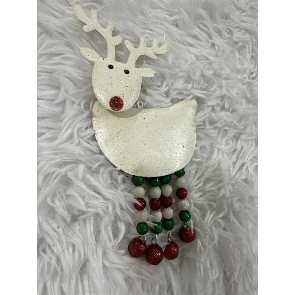 Vintage Pier‎ 1 White Glitter Reindeer Bobble Head Red And White Dangle Legs